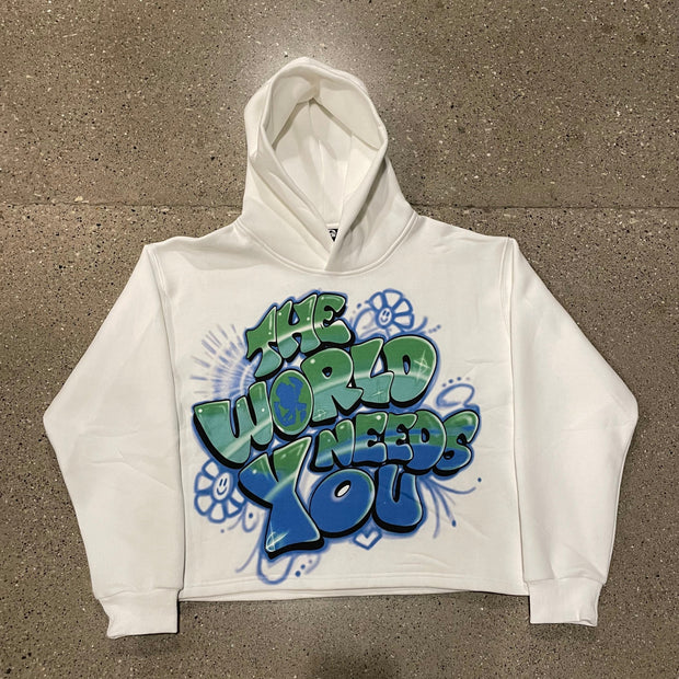 "The World Needs You" Airbrush Hoodie - White